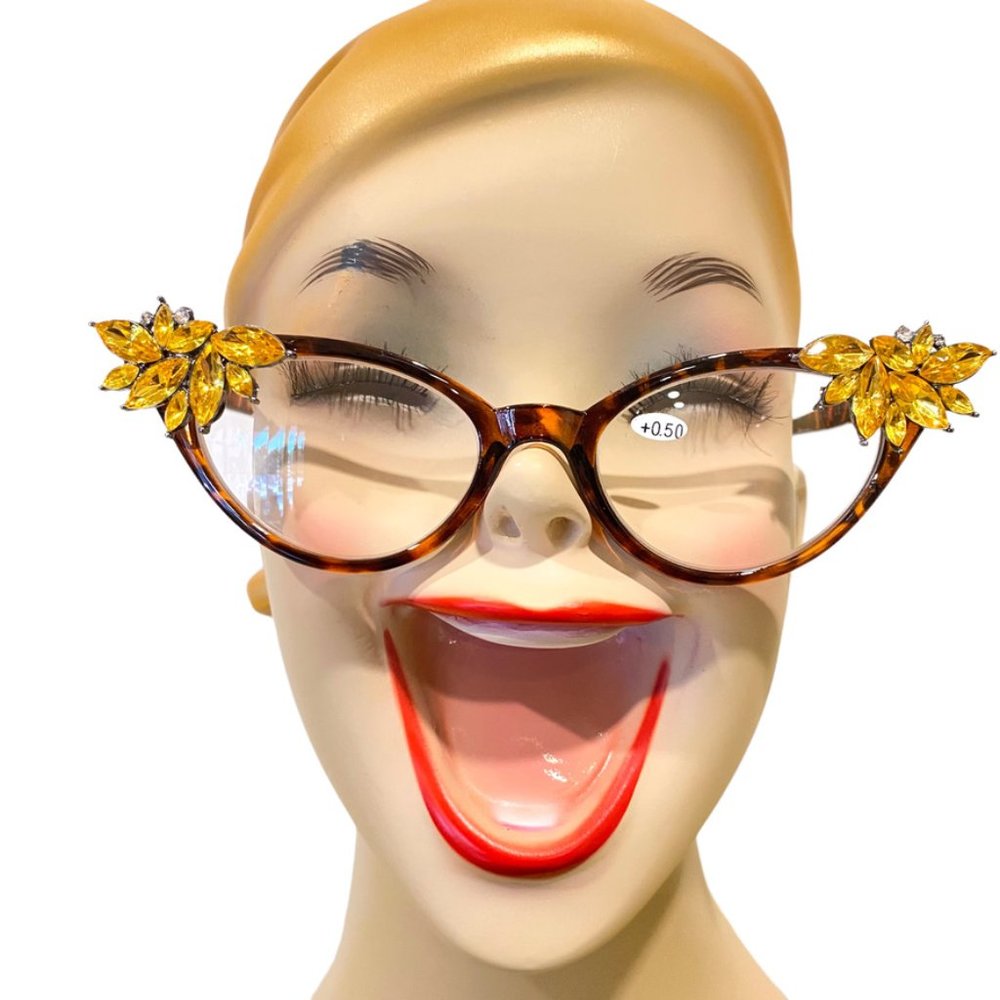 Vintage Vixen Retro Readers tortoise frames with gold rhinestones +.50
